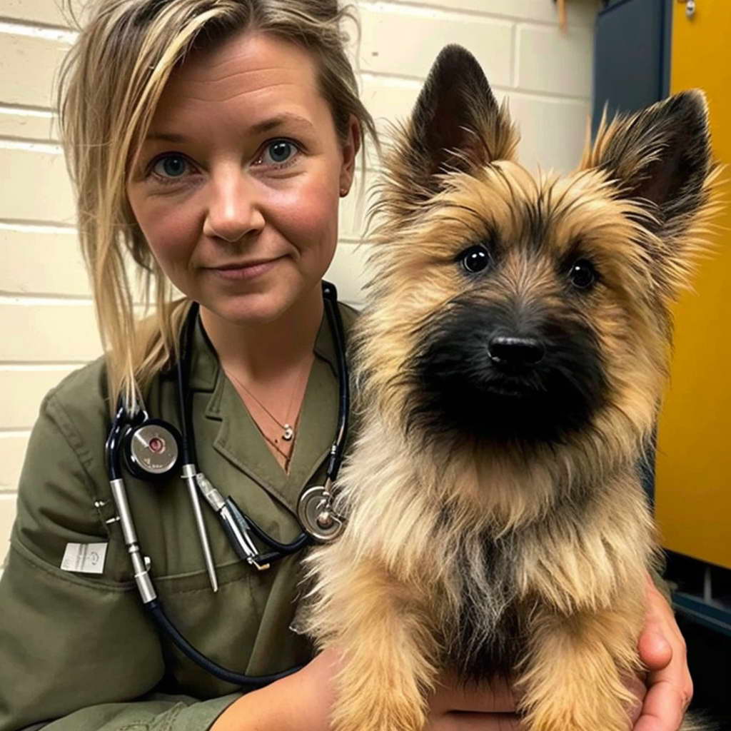 a vet with cairn terrier yorkie mix checking her health